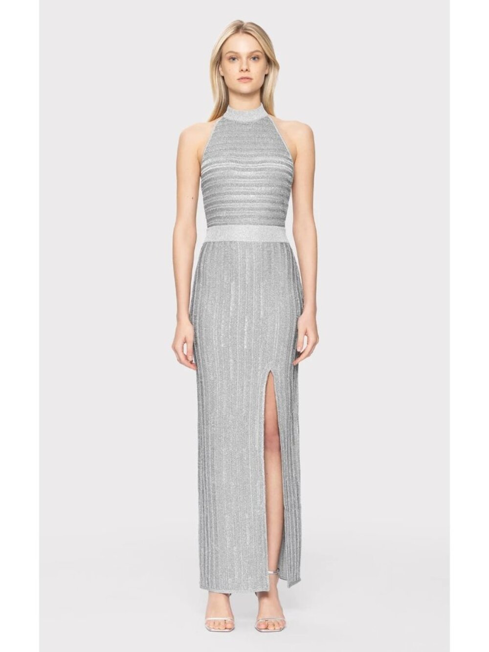 Herve Leger Silver Metallic Lurex Eyelash Mock Neck Gown, Size M, NWT! $1590